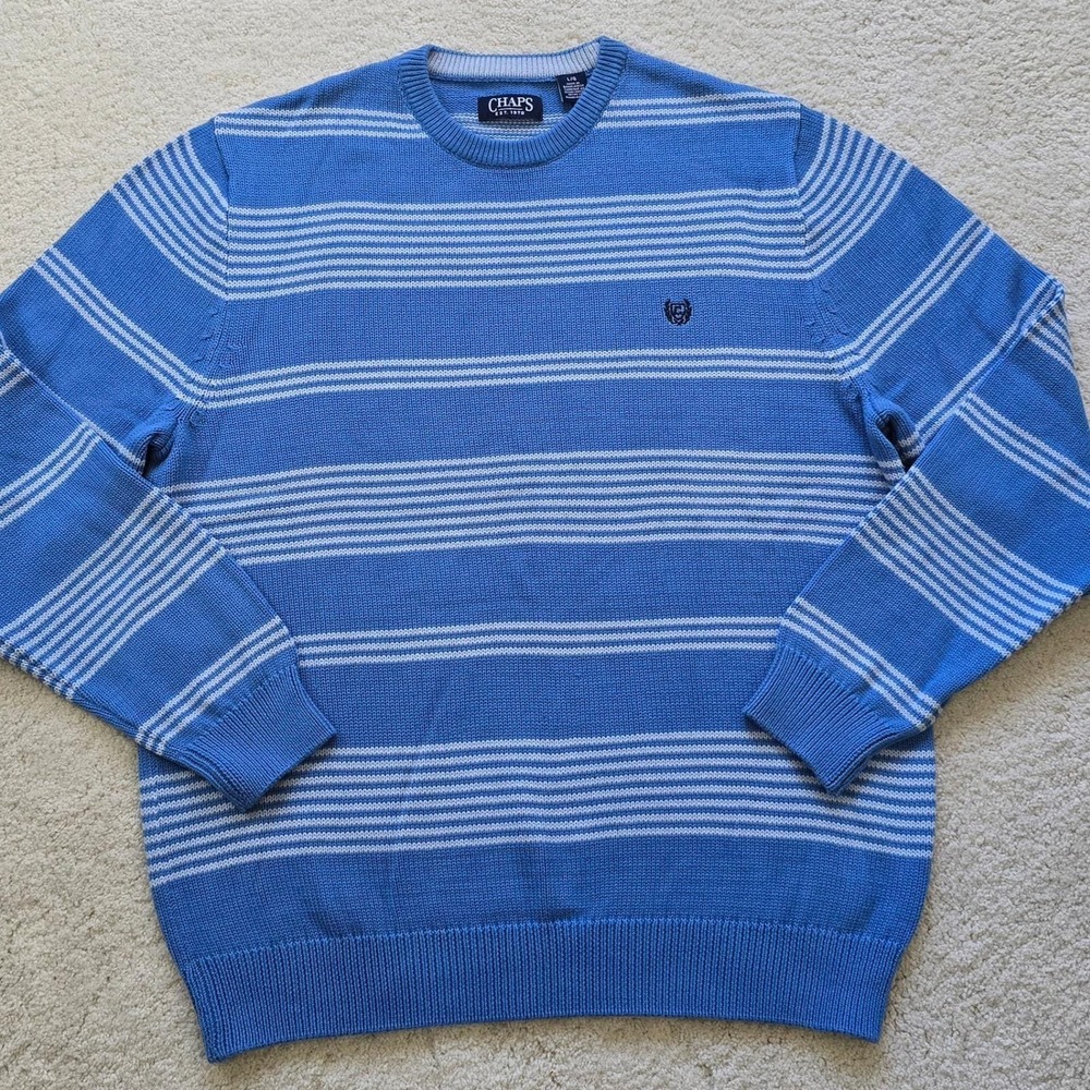 Vintage Chaps Ralph Lauren Men's Striped Cotton Crewneck Sweater Large Blue